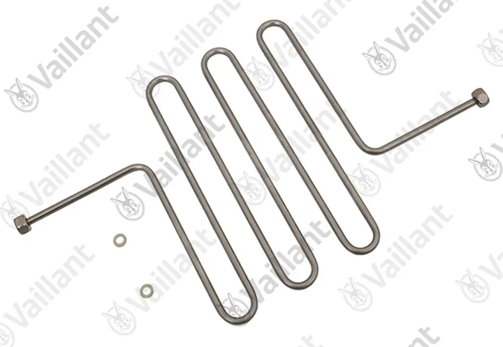Edelstahl Rohrschlange mit mehreren Biegungen, dargestellt in einer schematischen Form. Hersteller: Vaillant. Enthält zwei kleine O-Ringe.